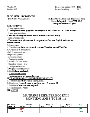 Ma trận và đề kiểm tra học kỳ II môn Tiếng Anh Lớp 8 - Năm học 2016-2017 - Trường THCS Nguyễn Trãi (Có đáp án)